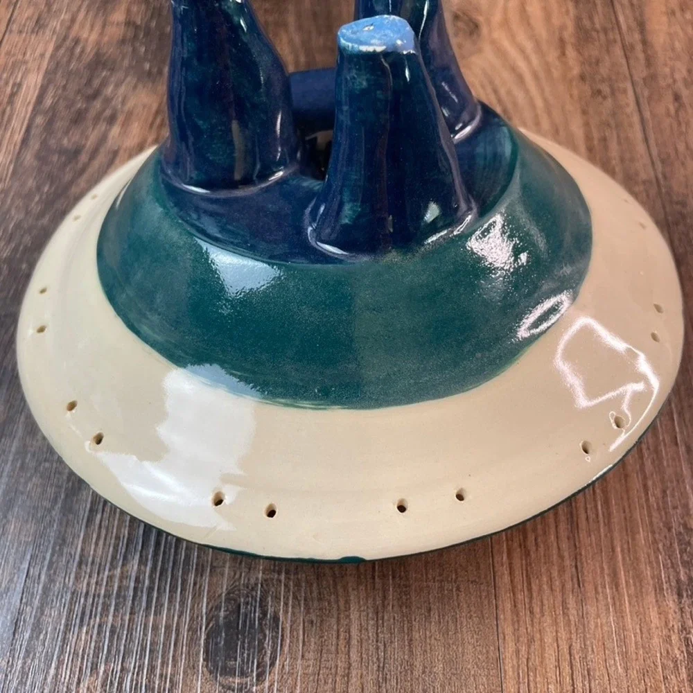 Yes Mam Studio Pottery Apple Baker Teal Navy Striped Tripod Footed Ceramic